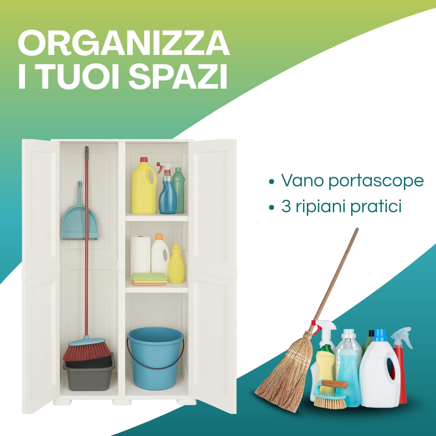 PALUPLUS Portascope Ante Lisce in Plastica, Armadio Multiuso 79x43x164 cm, 3 scomparti, Made in Italy Panna