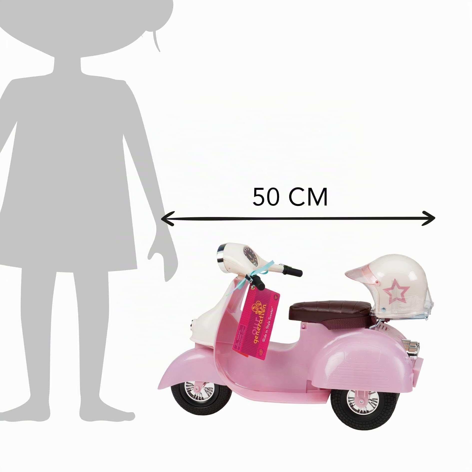 Our Generation Ride in Style, Trottinette pour poupée, Rose Ivoire | Comprend 1 trottinette et 1 casque; compatible avec la plupart des poupées de 46 cm; rose et ivoire, Scooter Rose; 5 ans et +