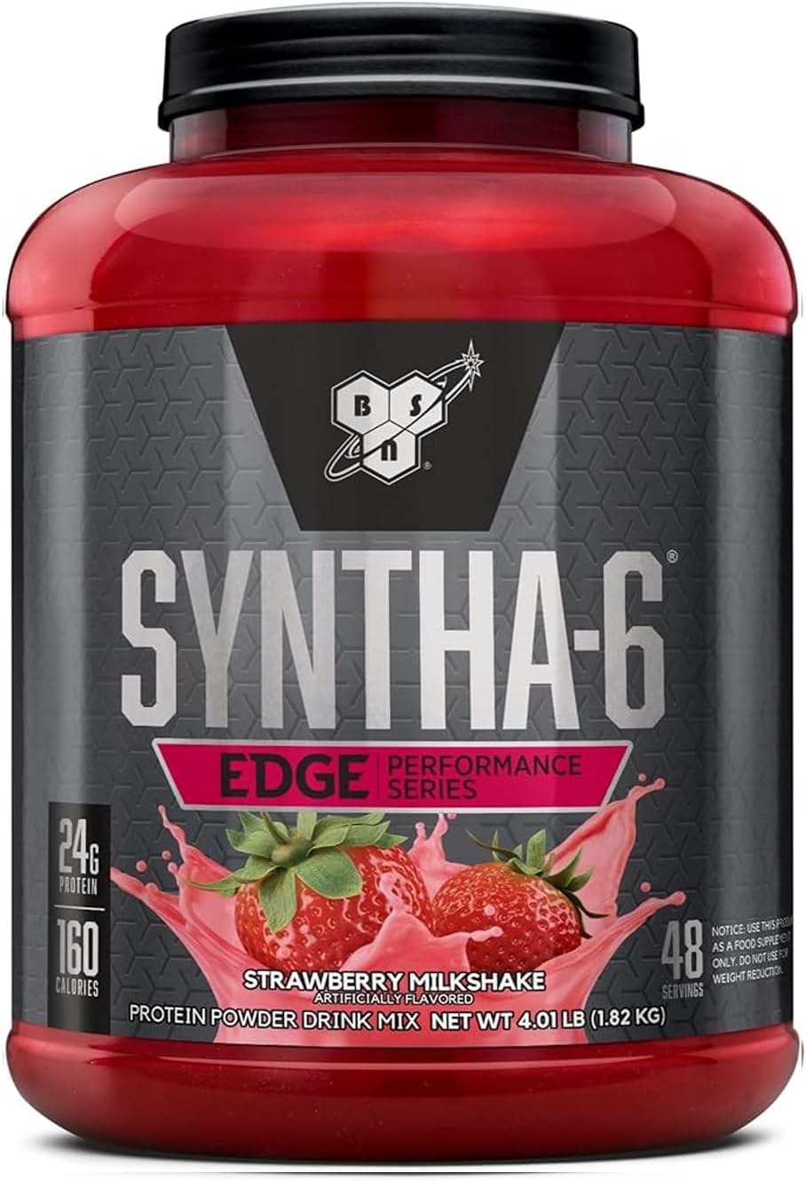 BSN SYNTHA-6 EDGE Protein Powder, Strawberry Flavored Powder with Hydrolyzed Whey, Micellar Casein, for Muscle Gain, Low Sugar, 24g Protein, Strawberry Milkshake, 48 Servings, 4.01 Pound (Pack of 1)