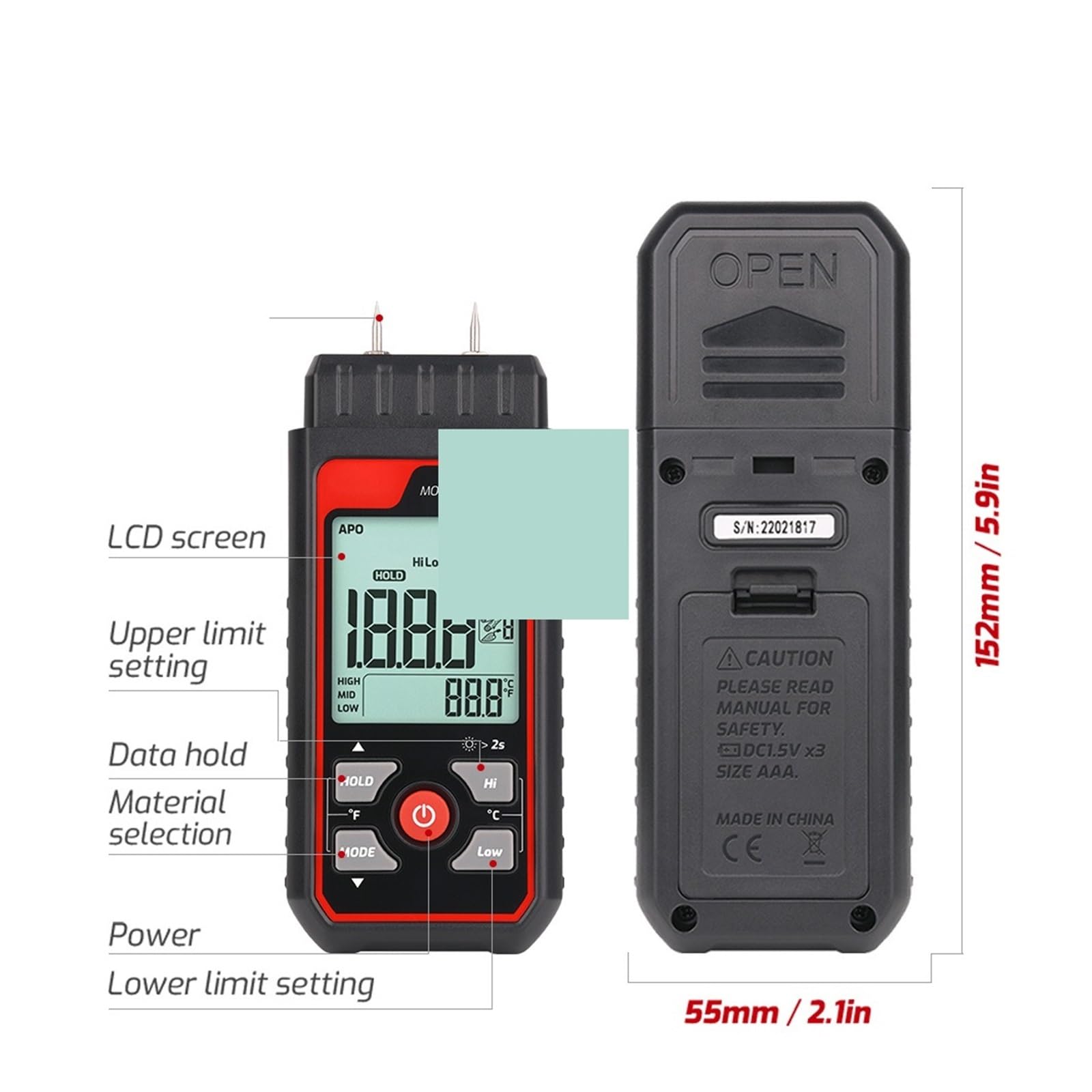 Misuratore di umidità del legno 0~548% RH Limite superiore/inferiore Allarme Tester del contenuto di umidità