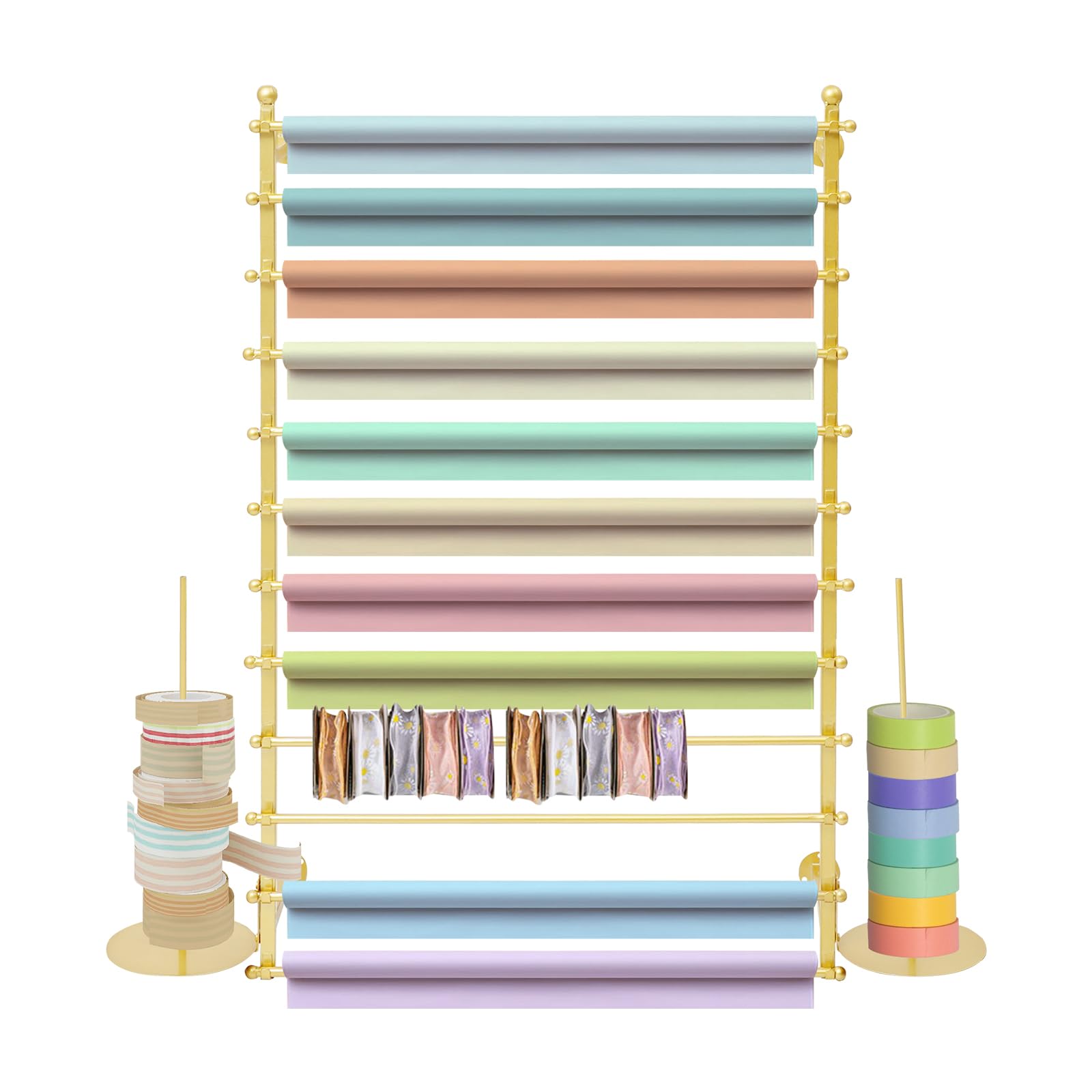 Ribbon Storage Organizer, Wall Mounted Ribbon Organizer, 12-Tier Metal Gift Wrapping Paper Rack, Spool Tie Scarf Hijab Belt Towel Hanger, for Home, Craft Room, Flower Shop, Gold, 31.5in Wide