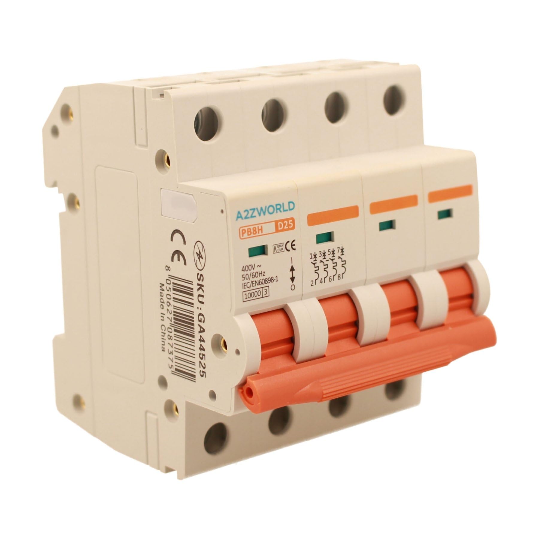 Interrupteur magnétothermique triphasé 4P 25A D25, courbe D 10 kA, 4 modules DIN 380 V AC, certifié IEC60898-1, série PB8H professionnelle
