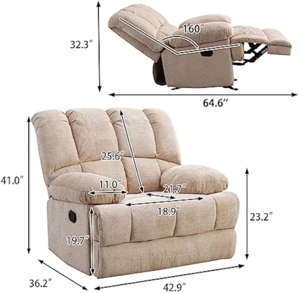 Oversized Rocker Recliner Chair, Manual Single Sofa Couch, Soft Fabric Overstuffed Rocking