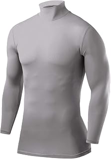 PowerLayer Boys' Compression Base Layer Top Long Sleeve Under Shirt - Grey Mock Neck, 12-14 Years (Boys X-Large)