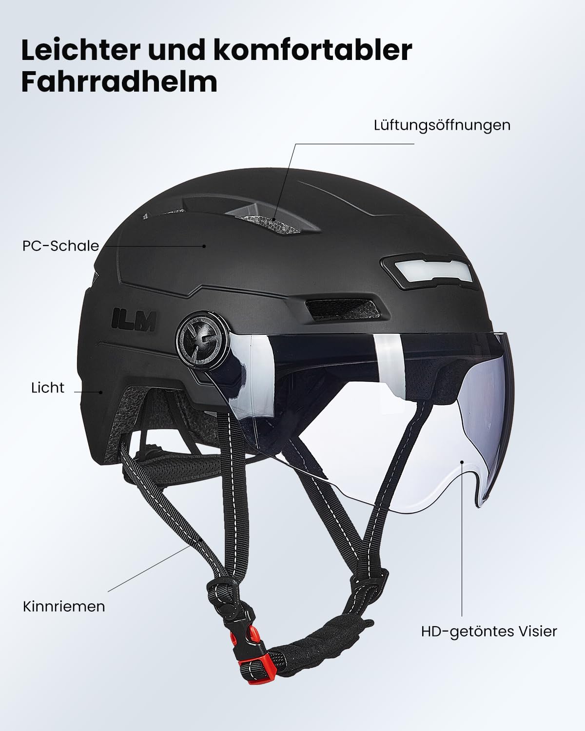 ILM Fahrradhelm mit Visier und LED Licht Mountain&Road E3-10L