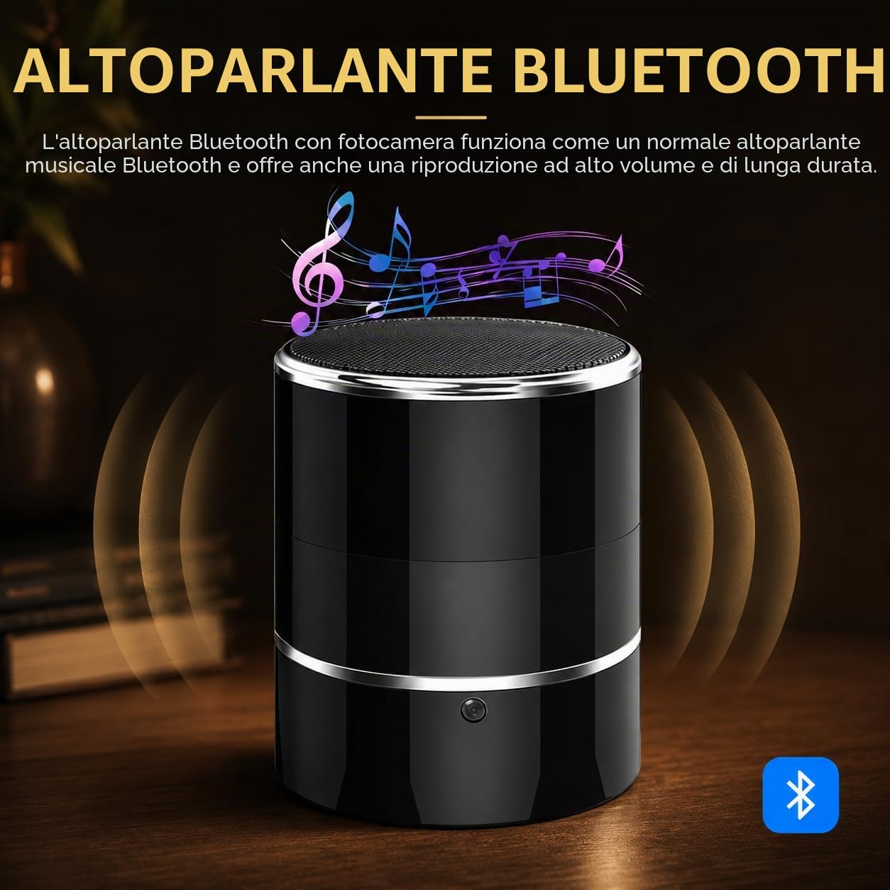 Telecamera spia nascosta, altoparlante WiFi Bluetooth con obiettivo rotante a 180°, telecamera wireless HD 1080p, rilevamento del movimento, app live streaming per sorveglianza domestica e ufficio