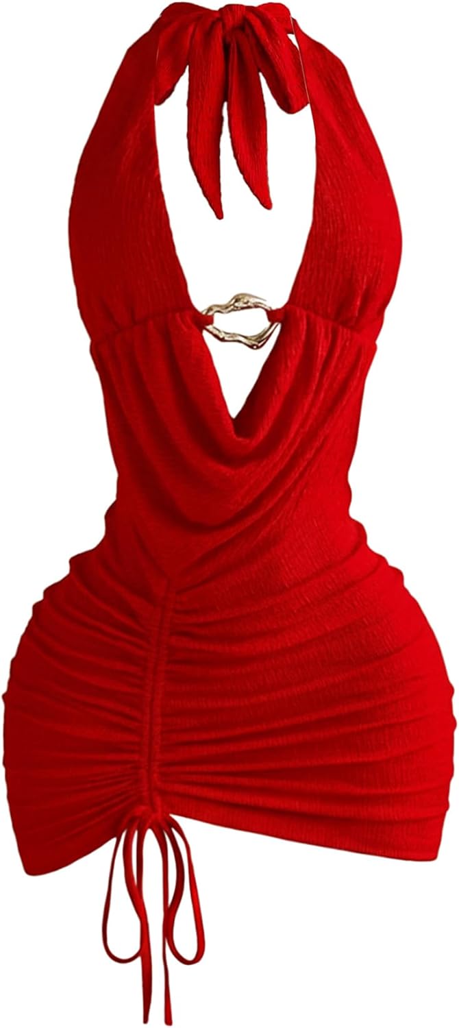 OYOANGLE Women's Deep V Neck Bodycon Halter Mini Dress Tie Backless Ring Linked Drawstring Ruched Party Night Out Dress