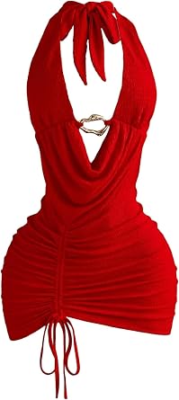 SHENHE Womens Sexy Deep V Neck Halter Mini Dress Backless Metal Ring Bodycon Party Club Dress