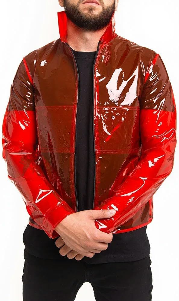 Men's PVC Punk Long Sleeve Zipper Turn Down Collar Clear Coat Jacket For Club Show Outdoor Use