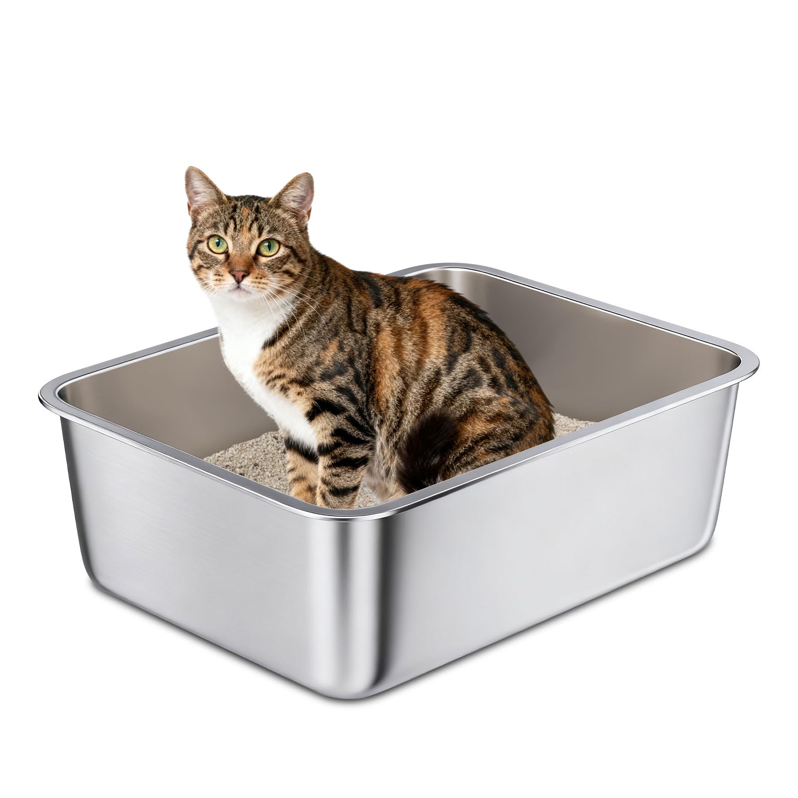 Medium Stainless Steel Cat Litter Box, Open Top Easy Clean Metal Litter Pan — Durable Metal Litter Box with High Sided Walls, No Odor, Non Stick for Indoor, Multi-Cat Homes, Rabbits & Small Pets