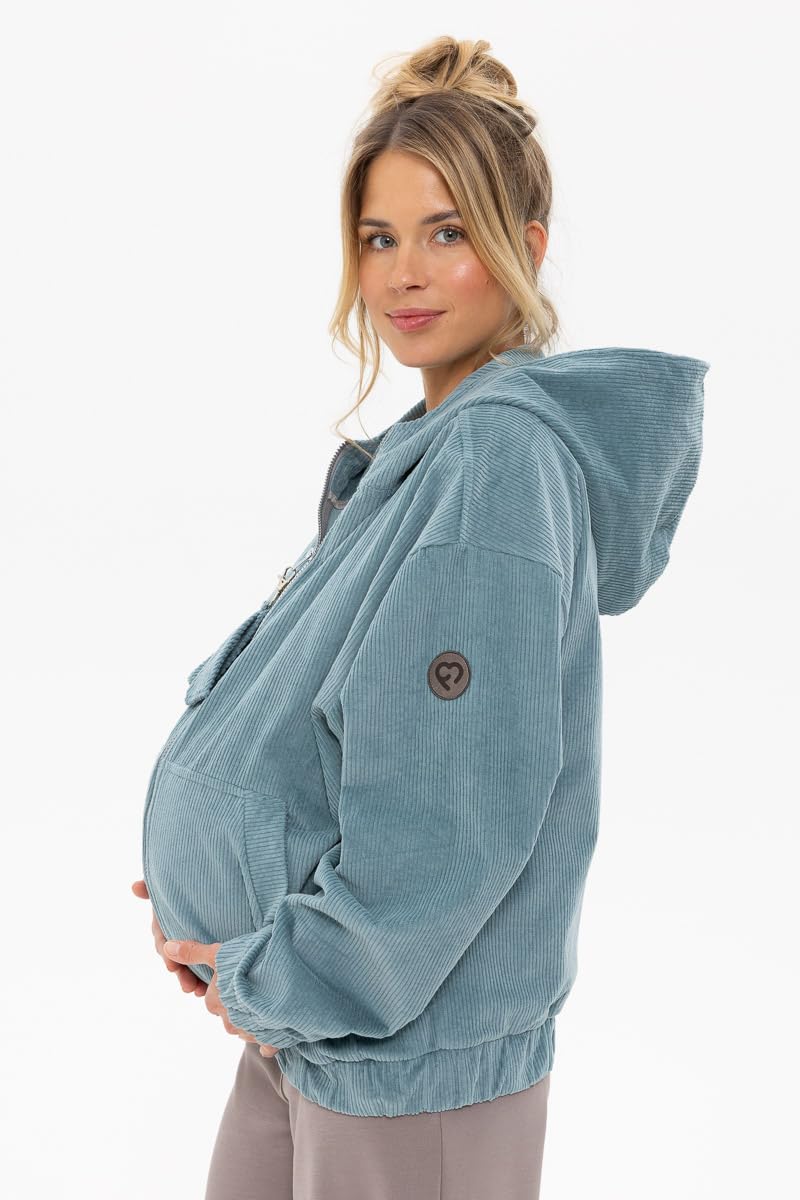 fun2bemum Cordjacke 3 in 1 Tragejacke Baby Umstandsjacke Oversize Herbstjacke für Mama mit Babytrage aus Baumwolle mit Einsatz (Standard, Aloe)