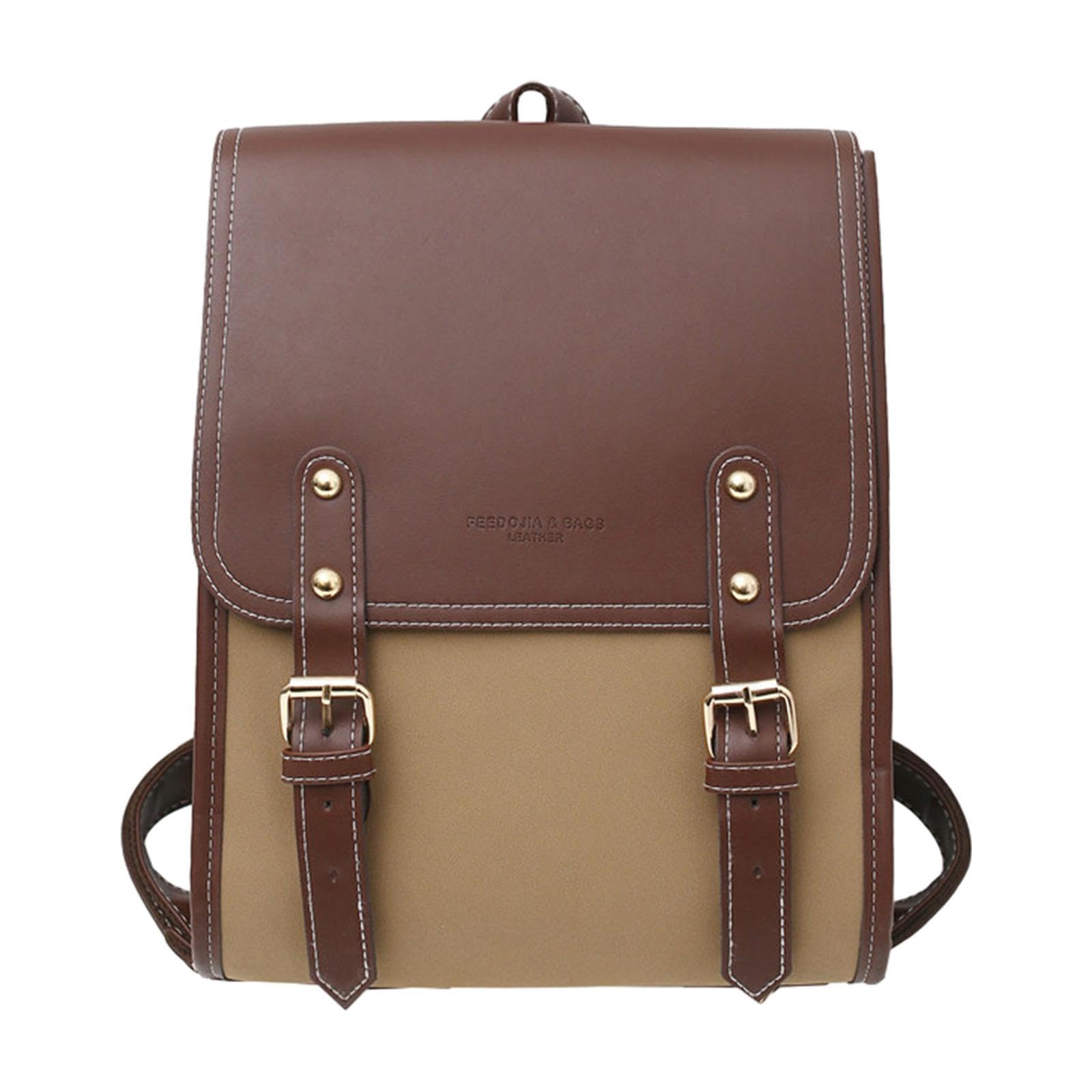 Womens Leather Backpack with Top Handle School Bag for Outdoor Work Shopping Khaki-image-0