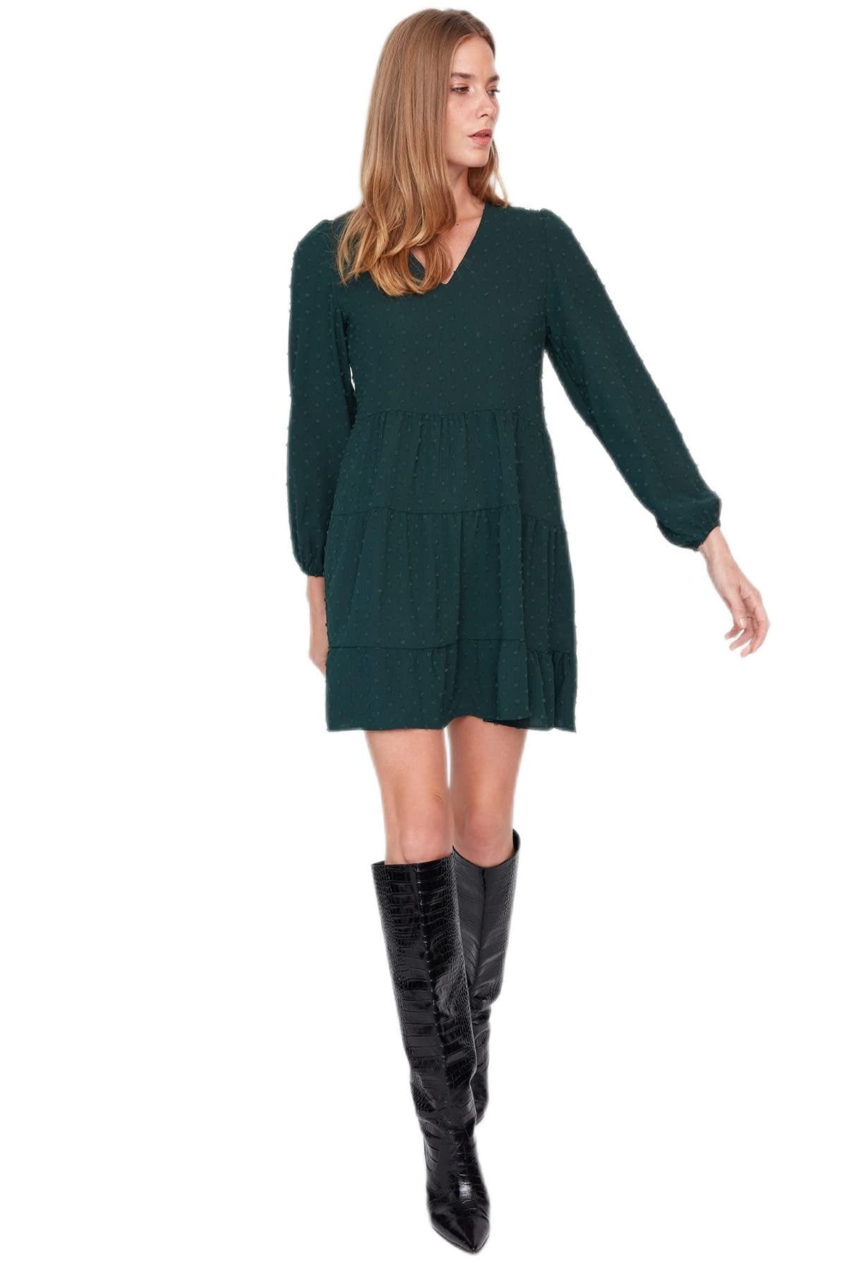 Trendyol FeMan Mini Shift Relaxed fit Woven Dress,Emerald,34