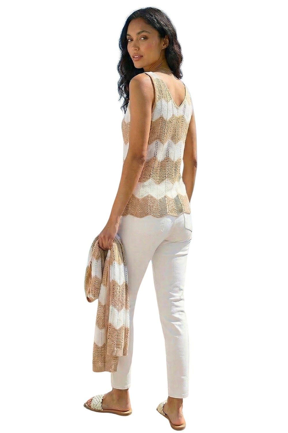Roman Chevron Stripe Knit Vest - Sleeveless V-Neck Metallic Thread - Natural - Size 14