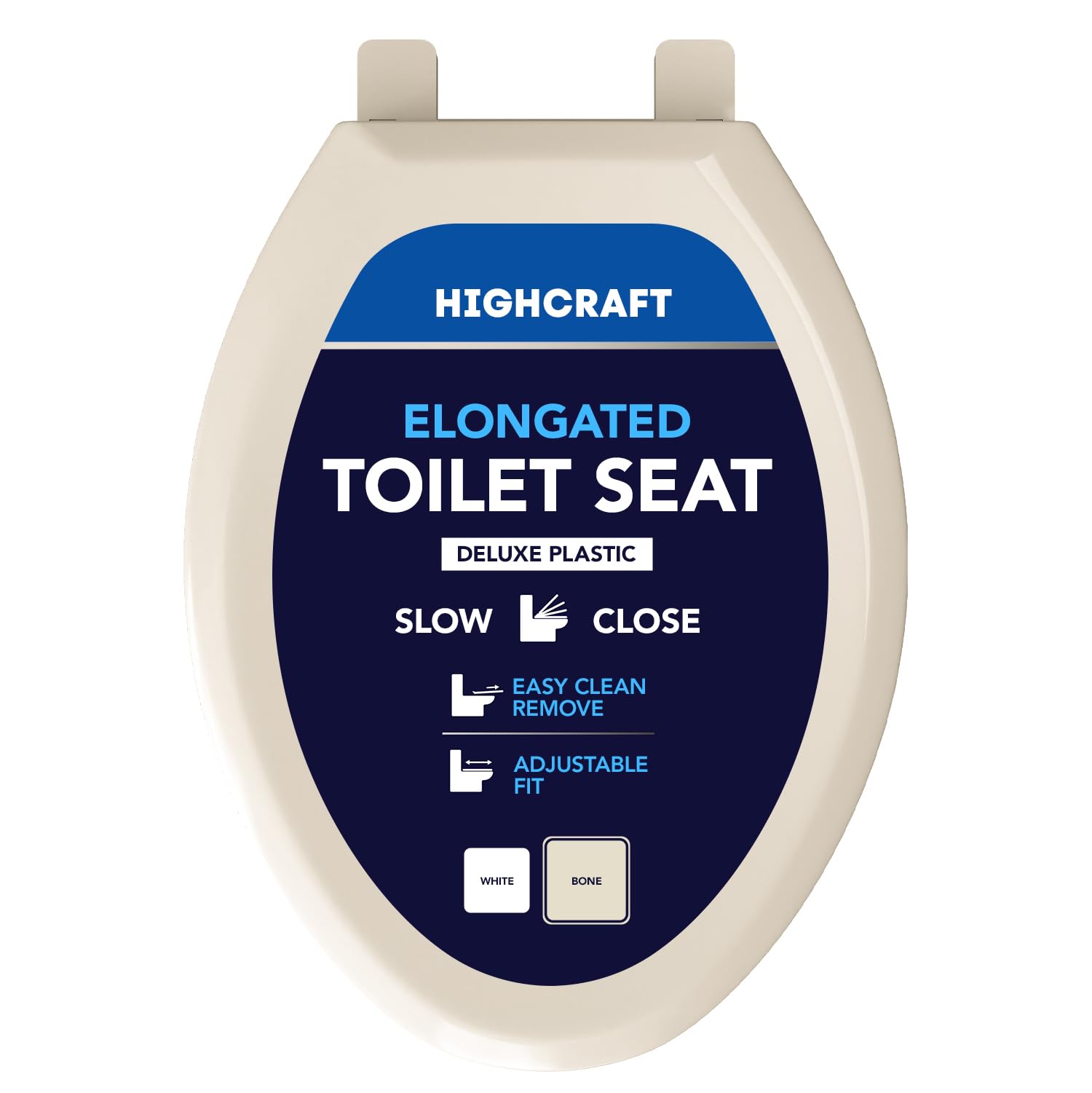 highcraft premium elongated toilet seat with slow-close design, adjustable hinges & quick removal mechanism - molded plastic toilet seat - fits standard elongated toilets - oval seat in bone/beige