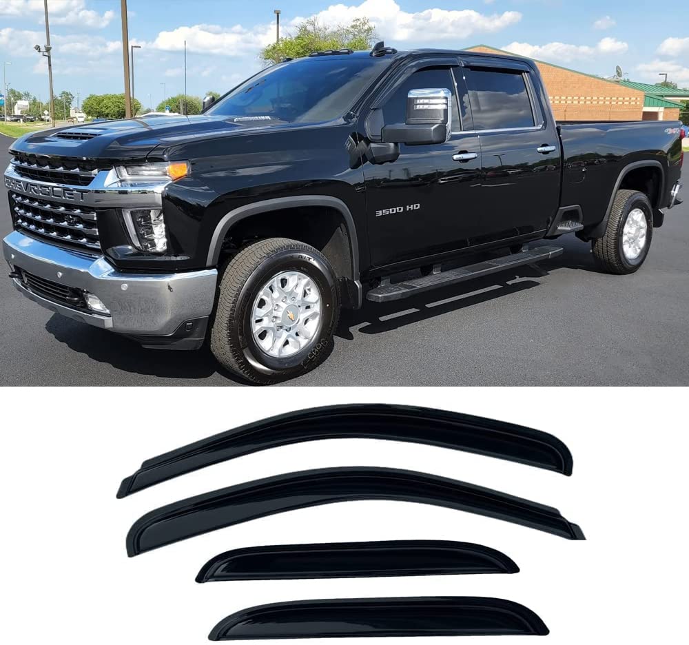 94805 Side Window Visor Deflector,4pcs Tape-on Shatterproof Dark Smoke Shades Rain Guard fit for 2019-2022 Chevry Silverado/GMC Sierra 1500,2020-2022 Silver/Sierra 2500HD/3500HD Crew Cab