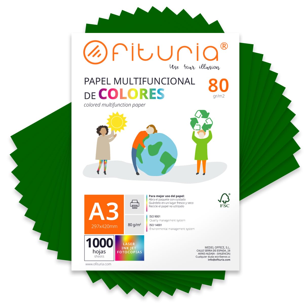 Coloured Sheets, Pack 1000 Sheets A3 80 g – Coloured Paper for Crafts, Printer, Scrapbooking – Colours – Ideal Origami, Papiroflexia, Office and School (Dark Green, 1000h)