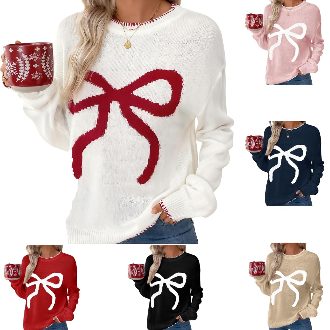 Womens Crewneck Knit Sweaters Christmas Cute Bow Long Sleeve Loose Fit Pullover Tops Cozy Casual Fall Trendy Outfits