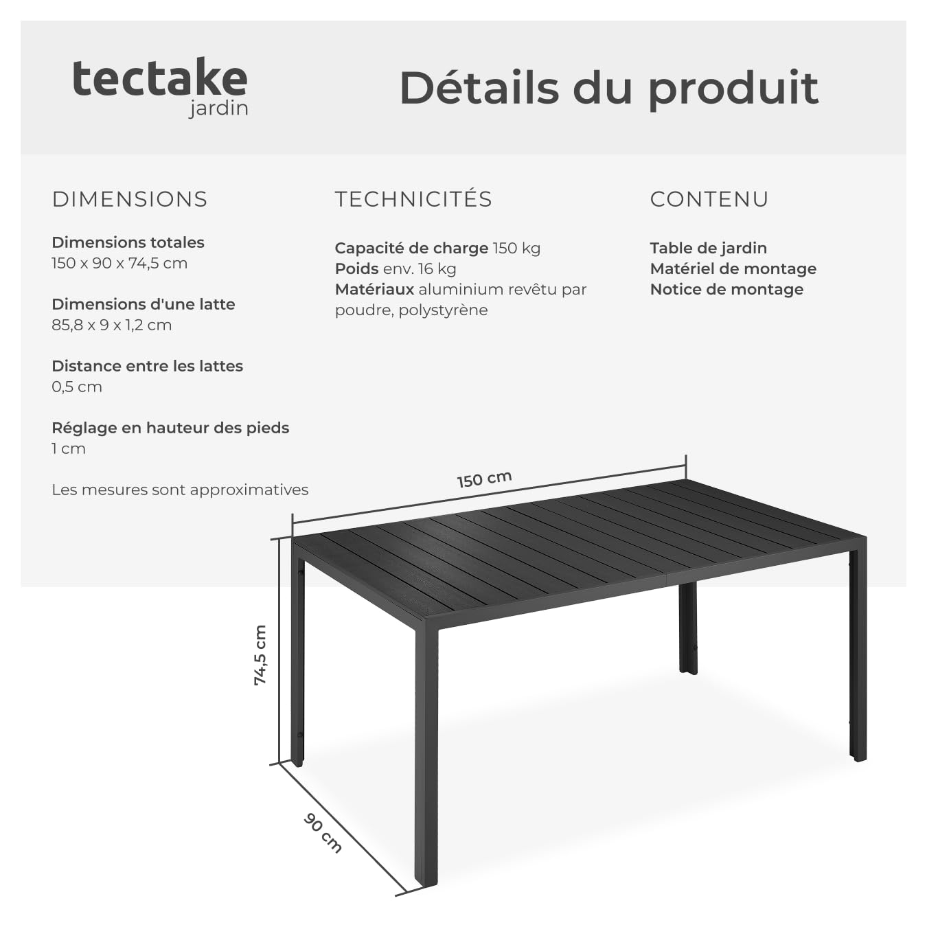 Table à Manger Extérieur en Aluminium Aspect Bois 150 x 90 x 74,5 cm Résistante aux intempéries Réglable en Hauteur