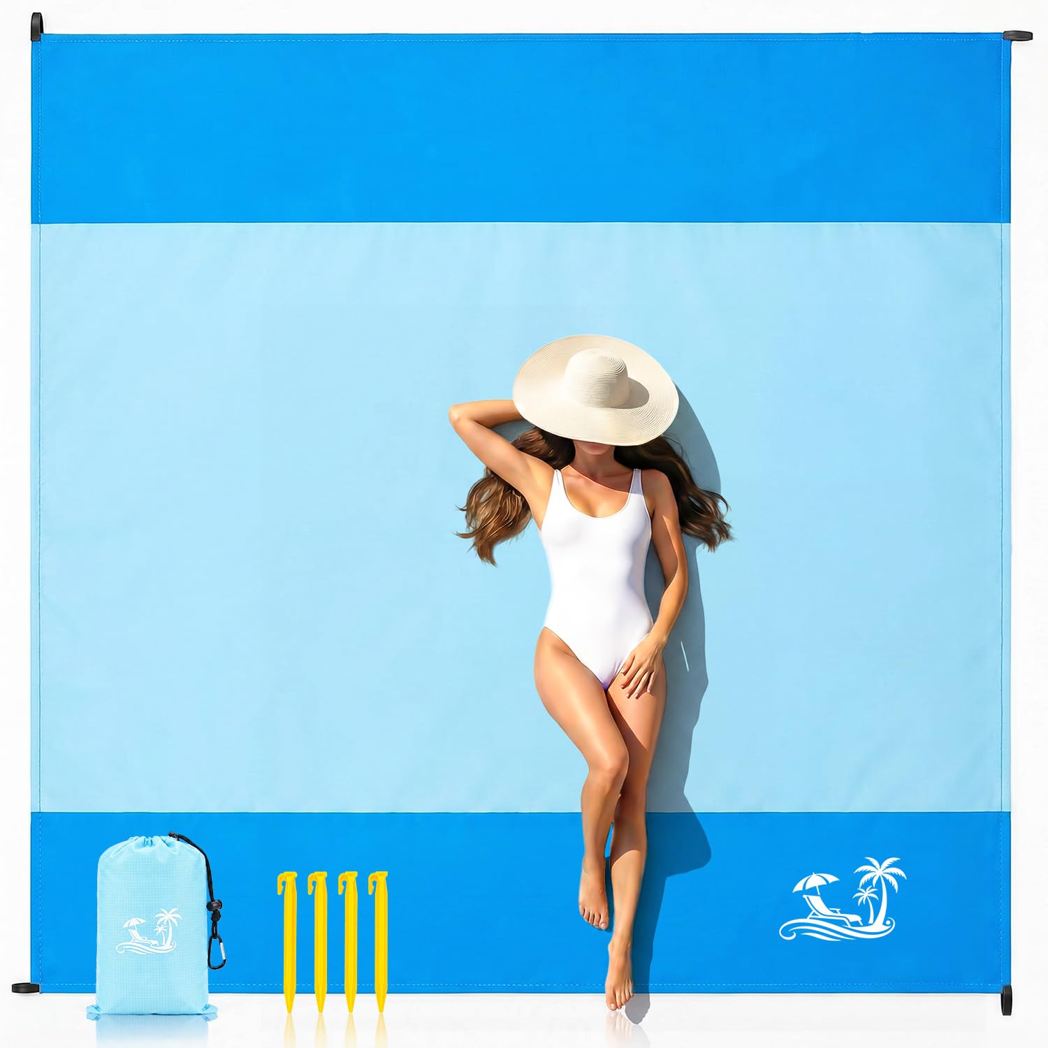 Solnery Large Beach Blanket Waterproof Sandproof, Beach Mats Sand Free, Windproof Outdoor Mat, Portable, 4 Stakes, 300 x 280 cm, Fits 1–10 People, for Seaside, Picnic & Camping (Sky Breeze Blue)
