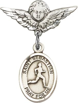 Sterling Silver Baby Badge with St. Sebastian/Track & Field Charm and Angel w/Wings Badge Pin 7/8 X 3/4 inches