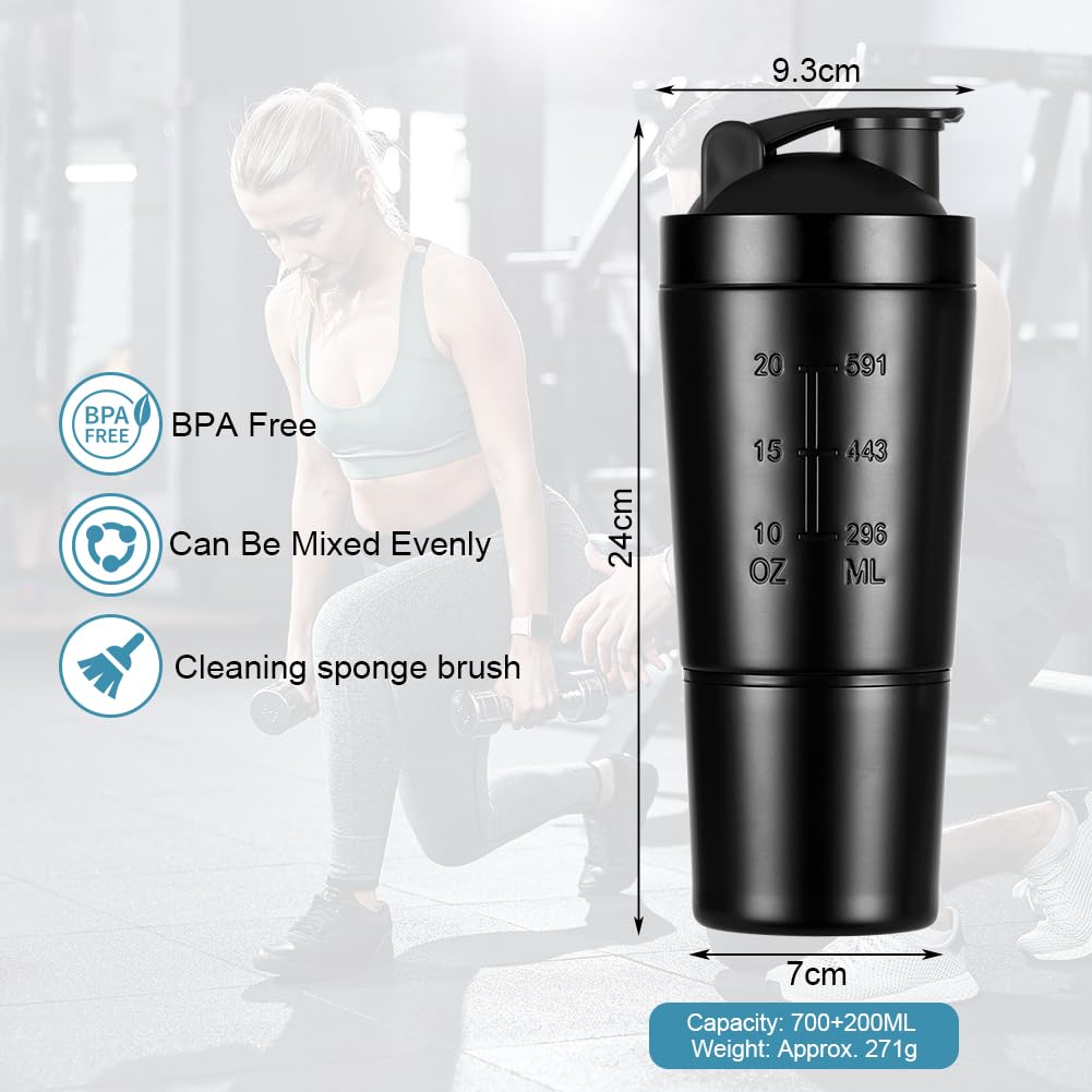 ACWOO Shaker per Proteine in Acciaio Inox Bottiglia, 700 + 200 ML Shaker Steel con Scomparto per Polvere e Miscelatore Sfera, per Bevande Proteiche per Gli Appassionati di Sport All'aria Aperta