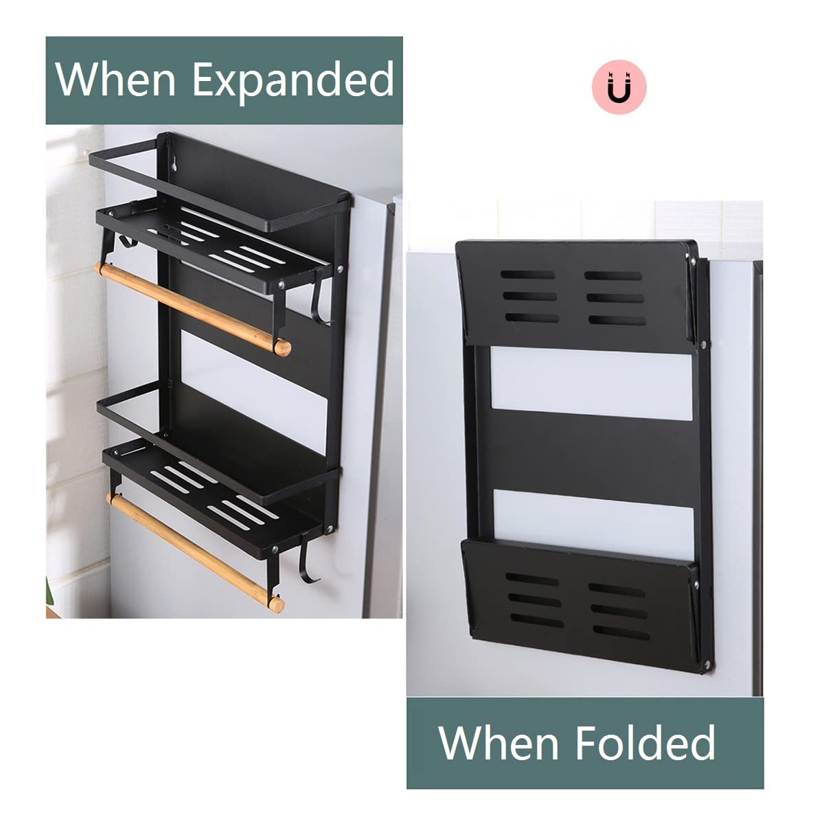 Étagère à Épices Magnétique Pliable Organisateur de Rangement pour Réfrigérateur Étagère Latérale Porte-Serviettes en Papier à Rouleau Étagère de Cuisine (2 Tier)