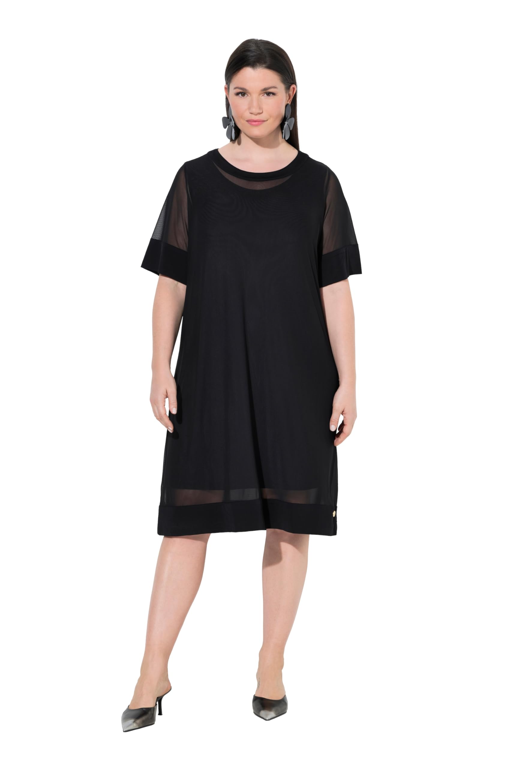 Ulla Popken Damen große Größen Übergrößen Plus Size Slinky-Kleid, Mesh-Überkleid, Rundhals, 3/4-Arm 847984