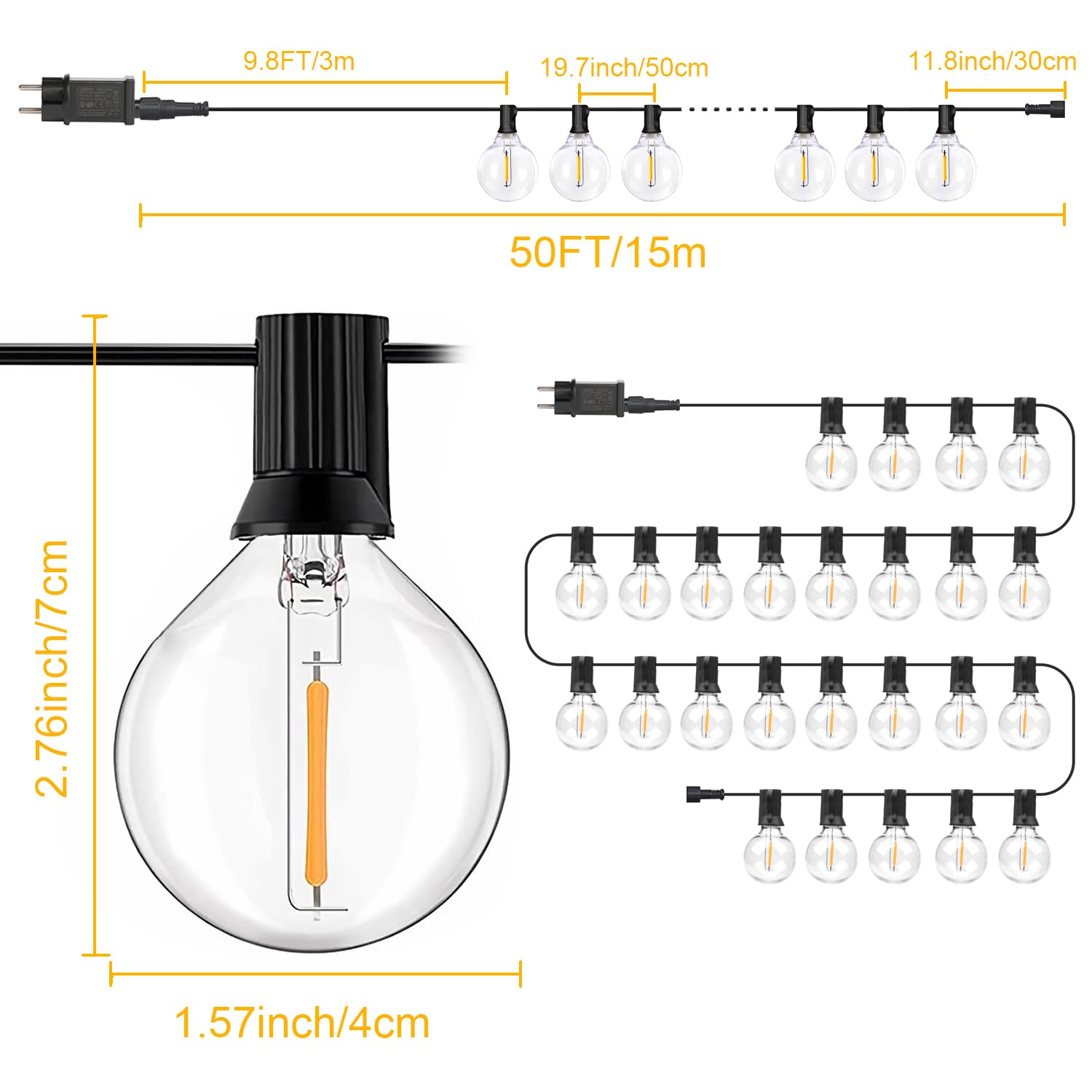 ONSTUY Catena Luminosa Esterno,15 Metri Catena Luminosa G40 LED con 25 Lampadine,2700K Bianco Caldo,IP65 Impermeabile Luci da Esterno Giardino per Giardino,Gazebo,Matrimonio,Natale,Partito