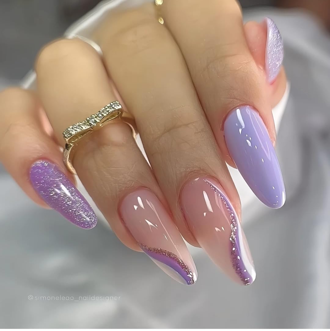 Artificial Nails: Glossy Levender Color With Swirls/Shape Long Stiletto (Set of 20 with nail glue, nail file, cuticle pusher, cleaning wipe)-picture-41