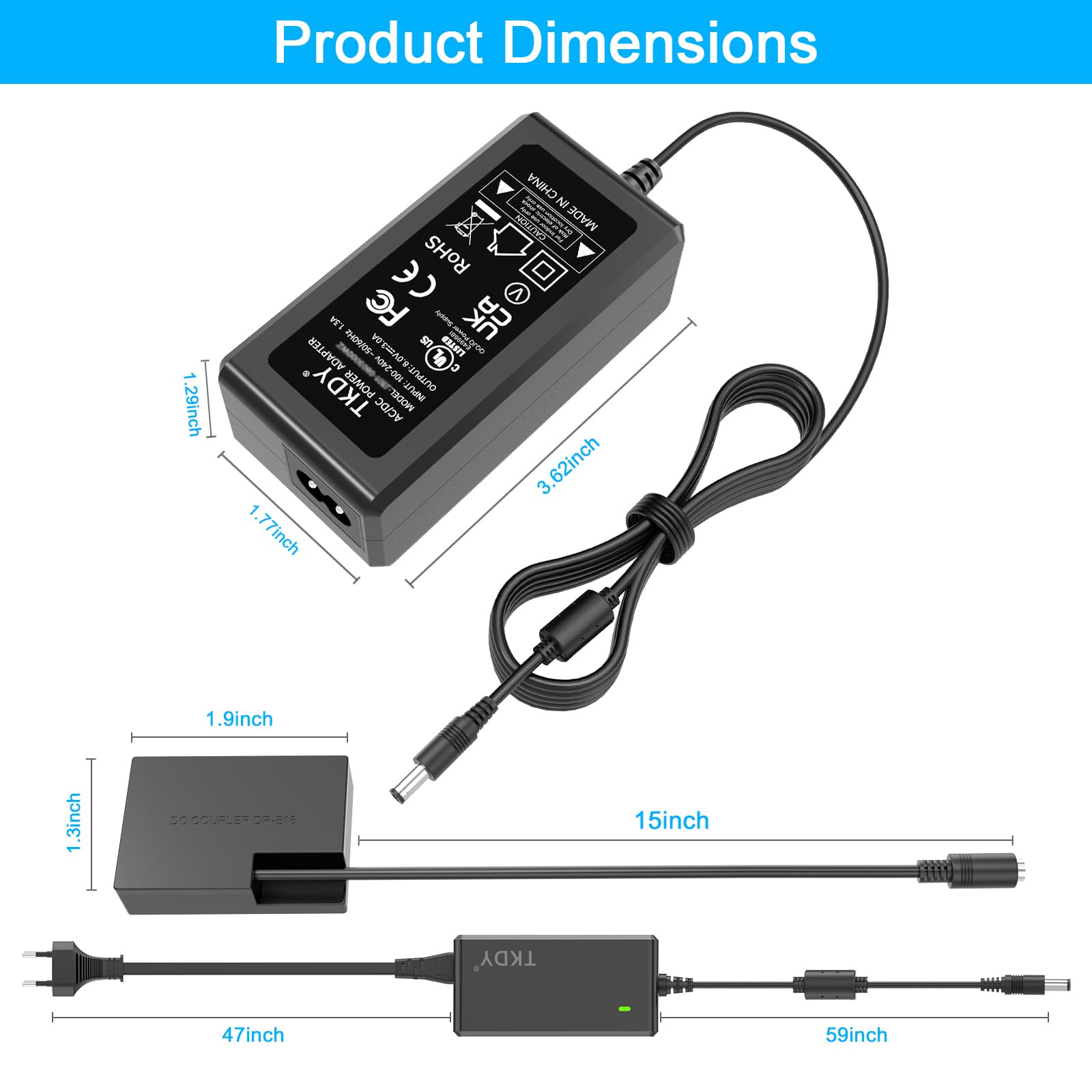 ACK-E18 Alimentador CA suministrado DR-E18 Kit cargador acoplador CC para cámaras Canon EOS Rebel T6i T6s T7i T8i SL2 750D 760D 850D 77D 200D 250D Kiss X8i X9i X10i 8000D 900D RP cámaras