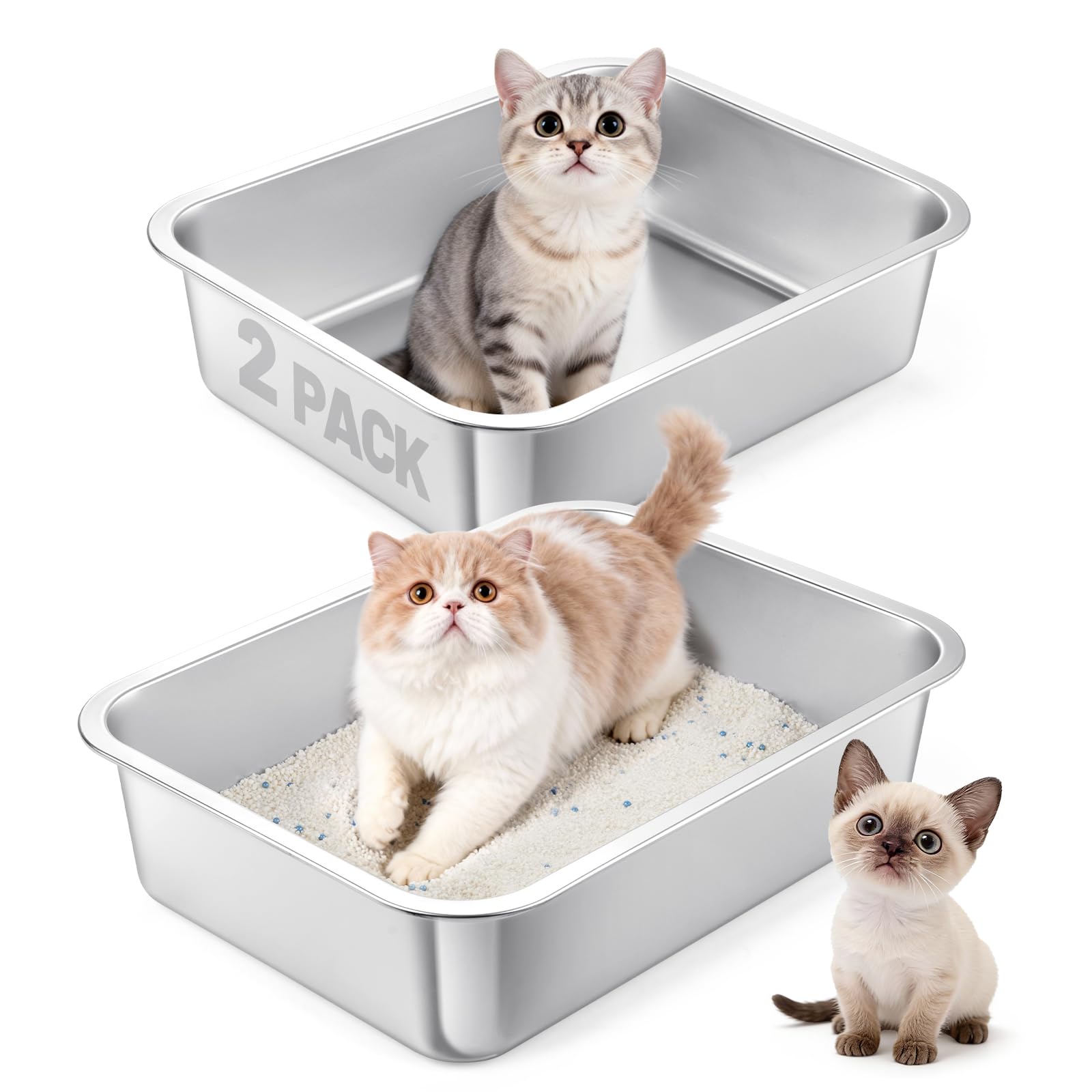PICK FOR LIFE 2 Packs Stainless Steel Cat Litter Tray Box for Multi-Cat Households, No Odor Metal Litter Tray for Rabbit, Guinea Pig Non-Stick No Rust Easy to Clean 40 * 30 * 10 CM