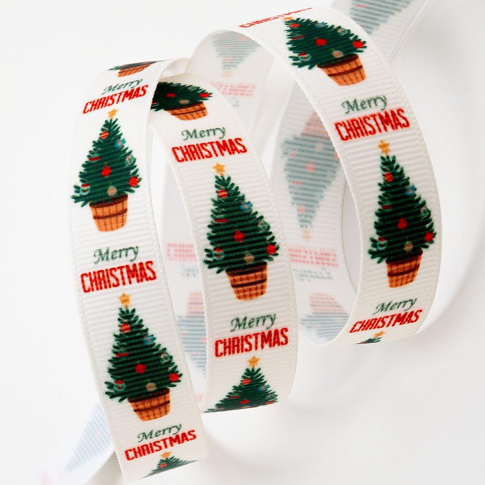 Italian Options Merry Christmas Tree Grosgrain Ribbon, Christmas Ribbon for Crafts, Gift Wrapping, Wreaths, Tree Decorations, Hair Bows, Cream, 16 mm x 5 Metre Roll