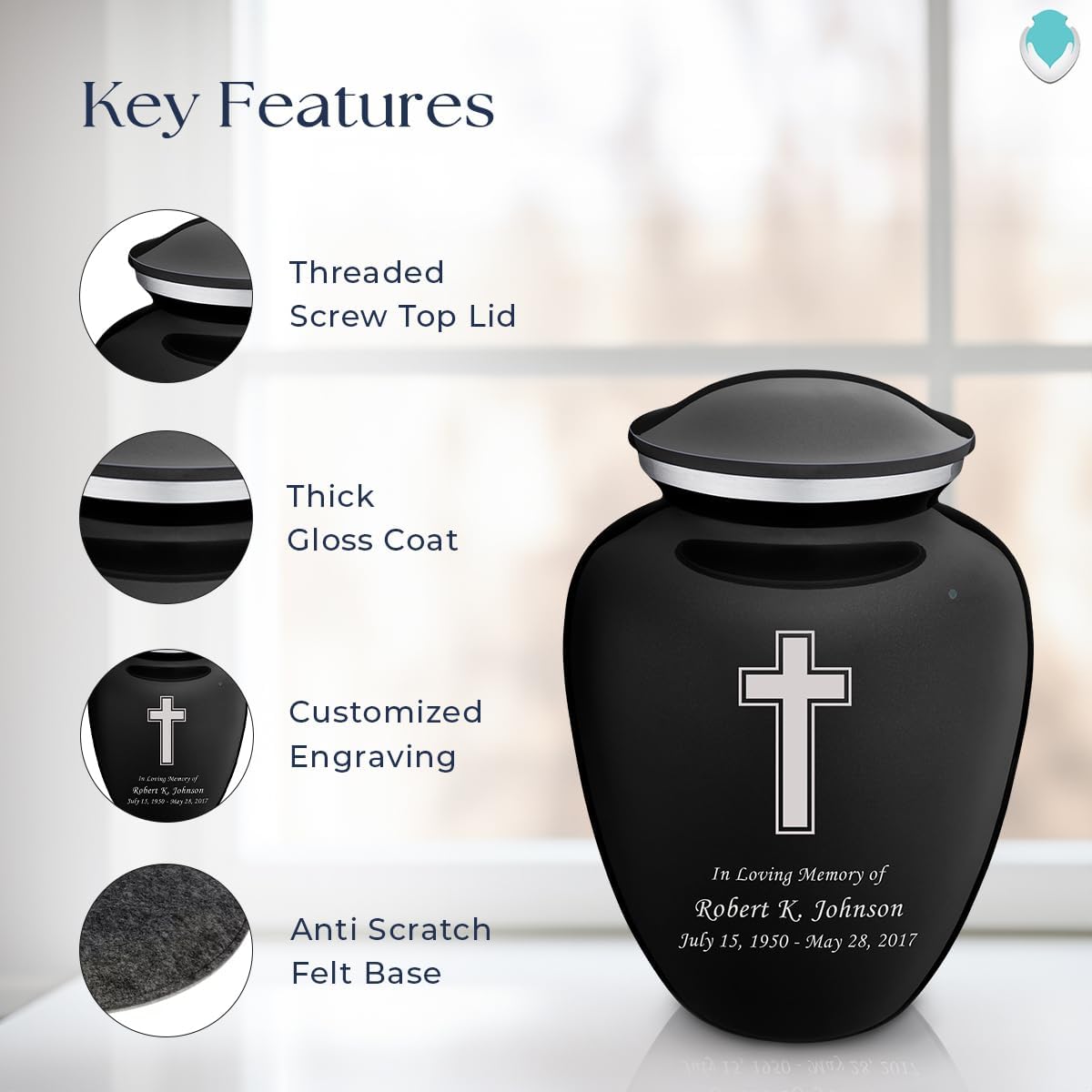 Geturns - Adult Personalized Simple Cross Cremation Urns for Human Ashes I Large Black Funeral Urn for Men and Women I 200 lbs