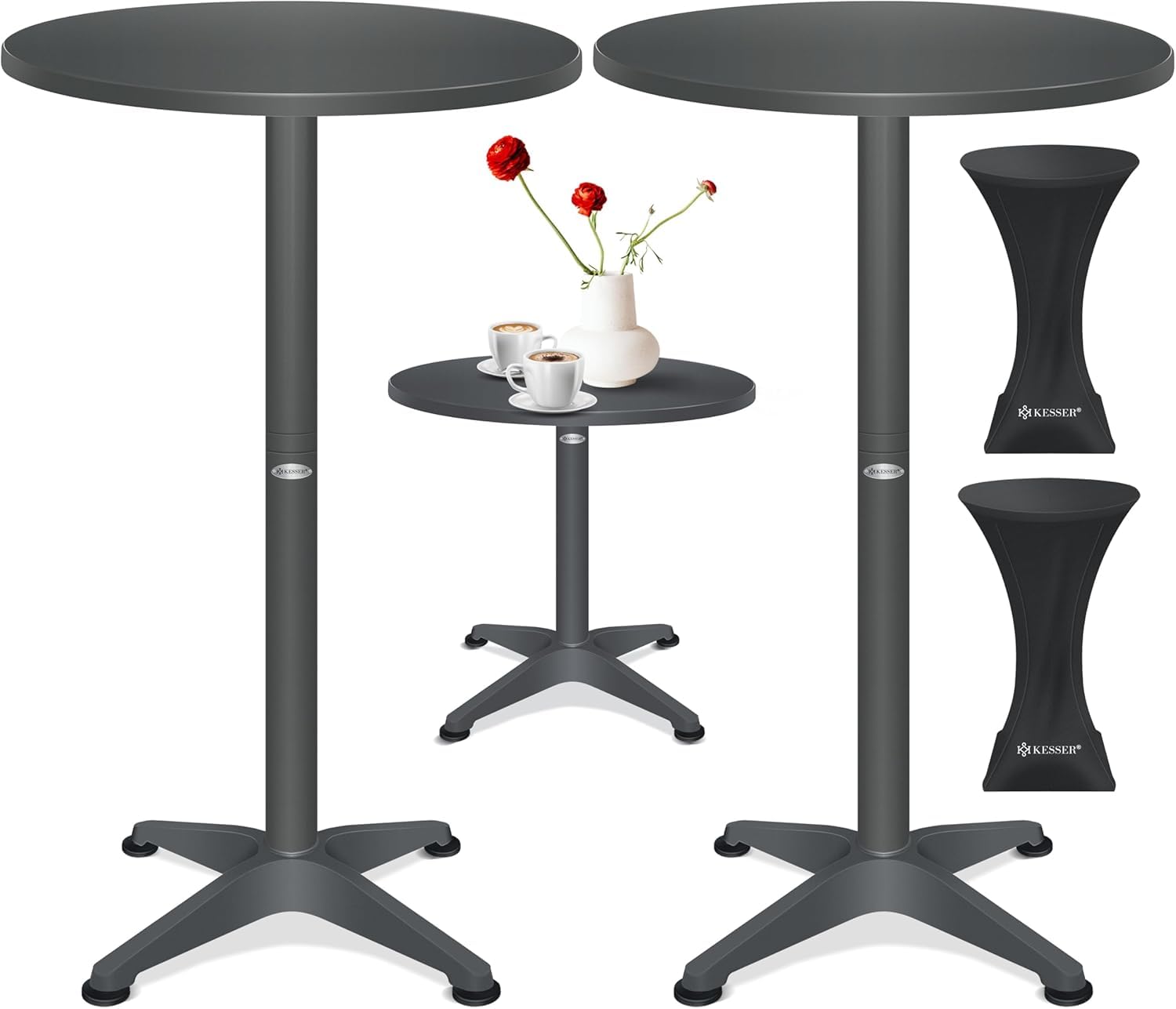 KESSER® Juego de 2 mesas altas 2 en 1, placa de aluminio y acero inoxidable, altura regulable 70 cm/115 cm, mesa de fiesta de 80 cm de diámetro, redonda, para interior y exterior, incluye funda