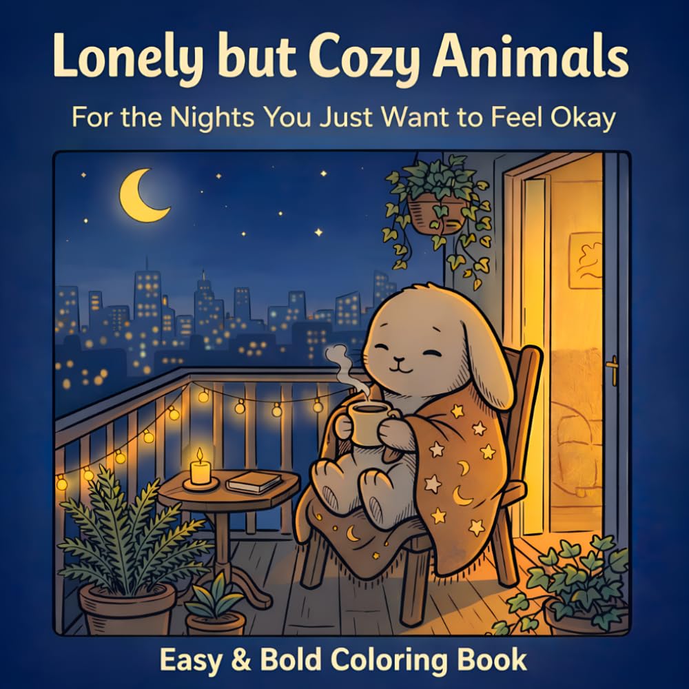Lonely but Cozy Animals: Easy & Bold Coloring Book for Adults – Cute Relaxing Animal Scenes for Stress Relief, Anxiety & Cozy Nights