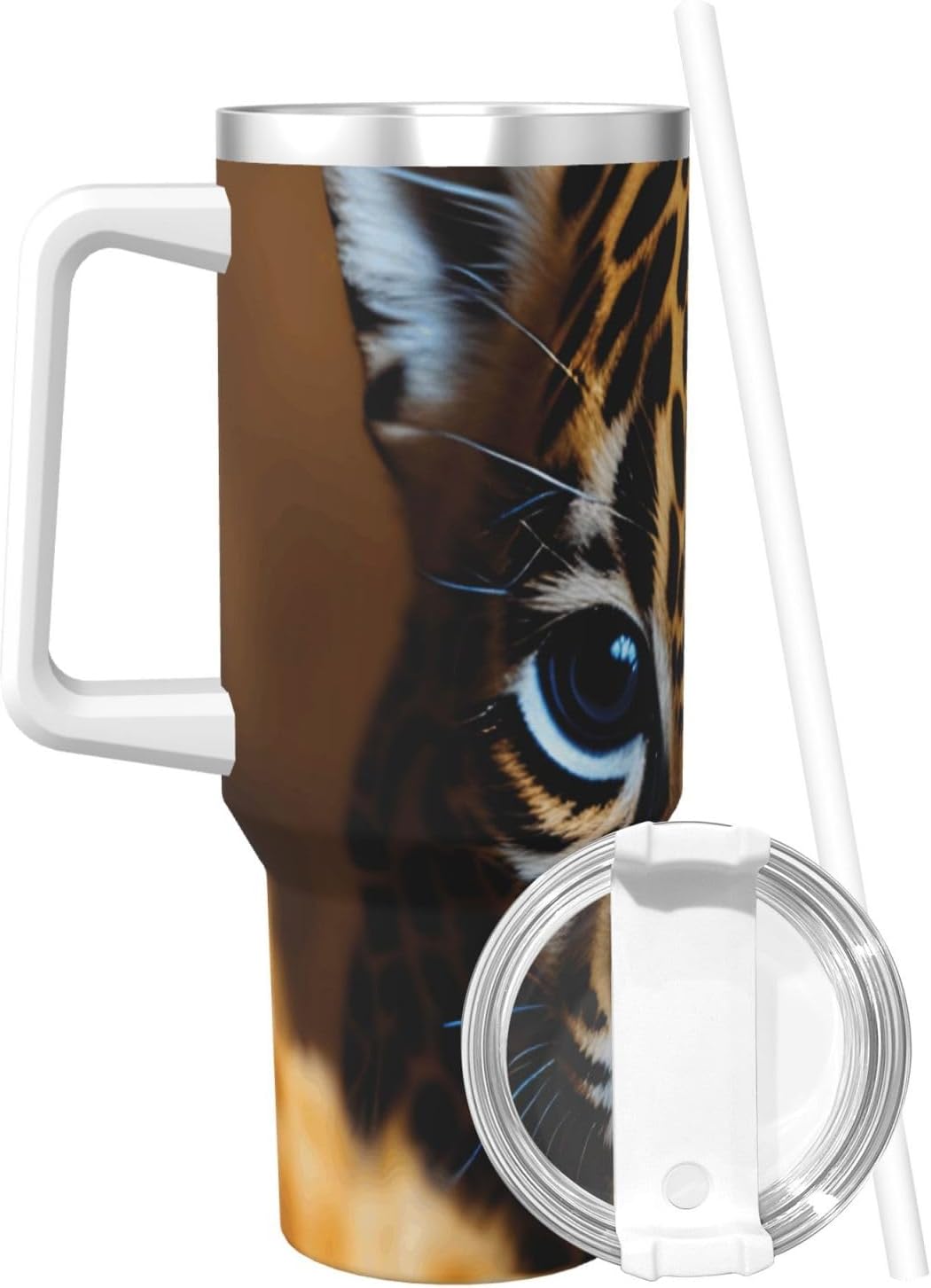 40 OZ Cute Baby Jaguar 1 Print Ice Bully Cup with Handle Straw Lid Straw,Stainless Steel Tumbler Coffee Cup