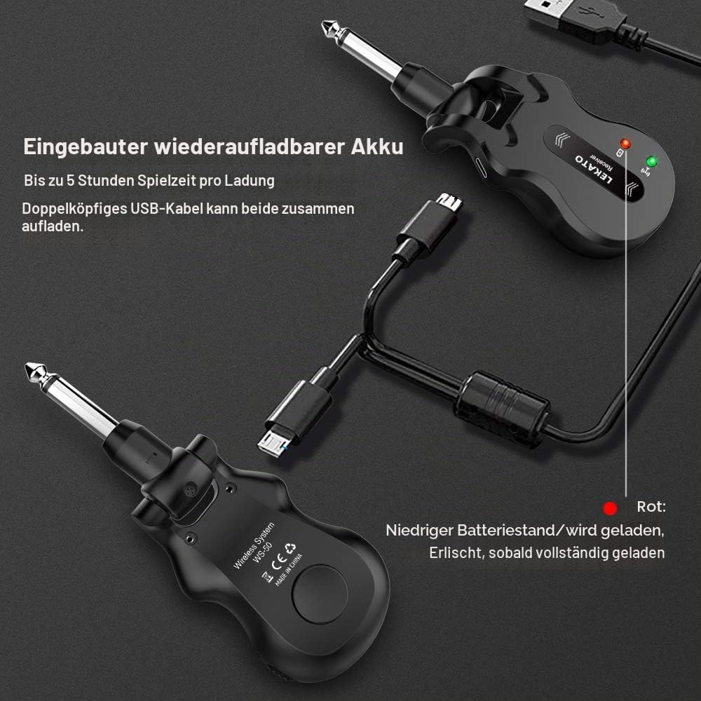 LEKATO 5,8 GHz Drahtloses Gitarrensystem Drahtloses Gitarrensystem Wiederaufladbares digitales Gitarrenkabel mit starker Anti-Interferenz-Fähigkeit für Bassgitarren