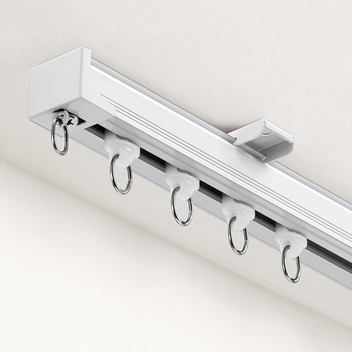 Curtain Track 3-6 ft Ceiling Curtain Track System Silent Heavy Duty Ceiling/Wall Mount Rail with 3 Types of Hooks and Clips Room Divider for Living Room, Bedroom, Bathroom (White)
