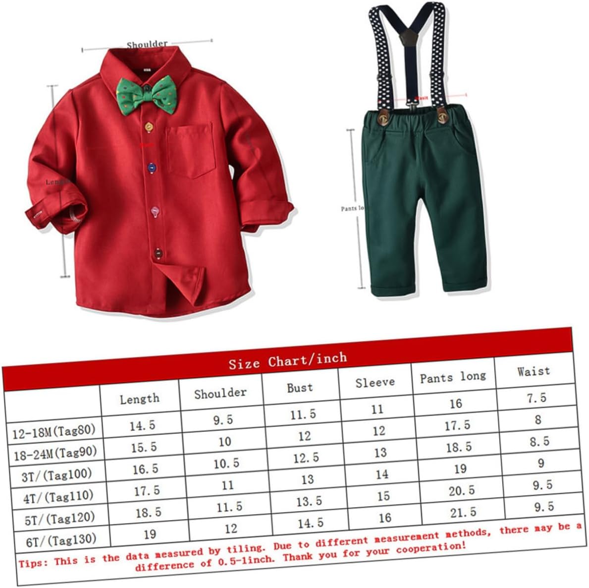 BESPORTBLE ’s Christmas Clothing Set Bow Tie Long-sleeve Shirt with Red Suspender Trousers for Boys Height 100cm Holiday Festival Outfit