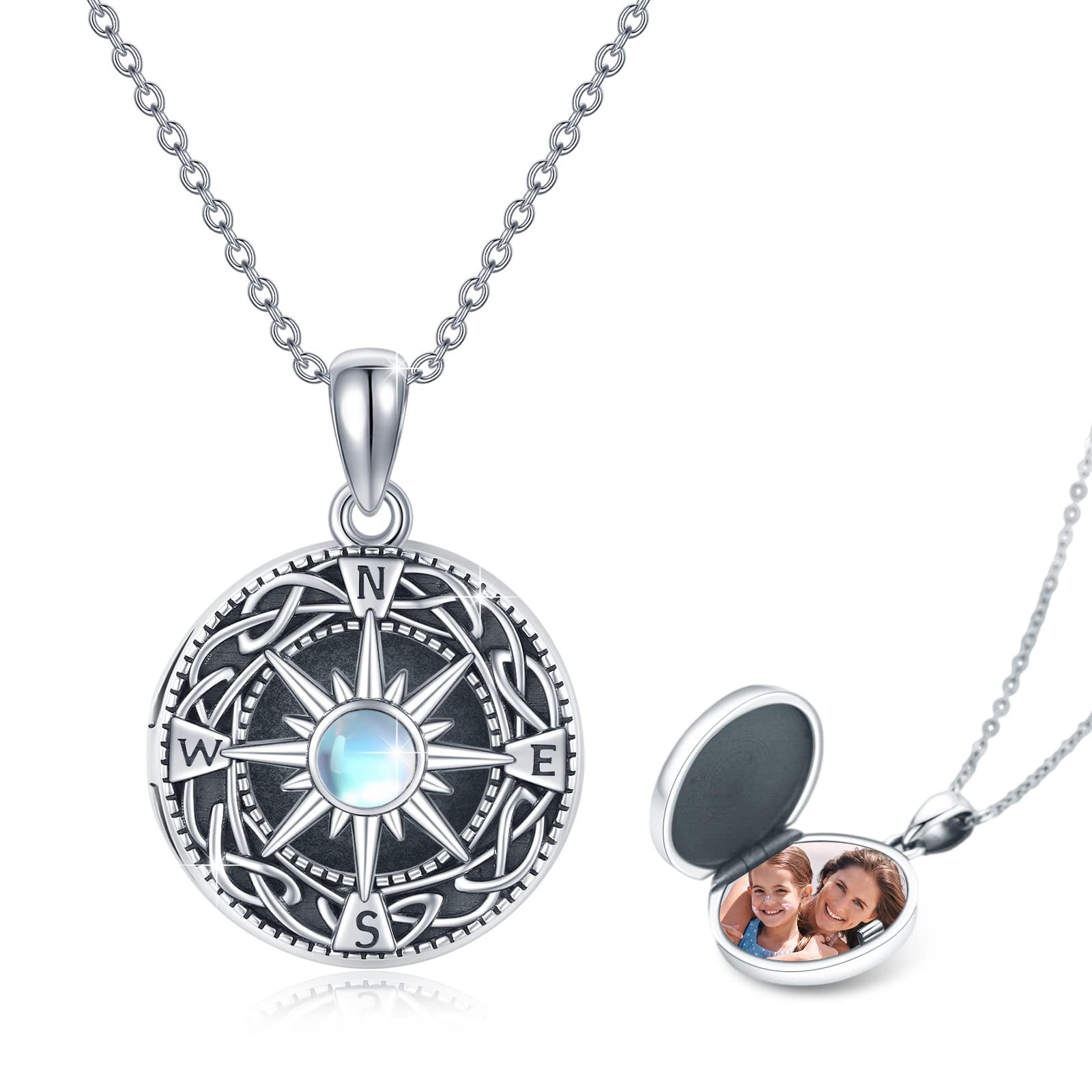 REDSUN Medaglione a bussola in argento Sterling 925, con pietra di luna, con nodo celtico, medaglione con foto e bussola, gioielli per uomo, figlio, ragazzo, donna