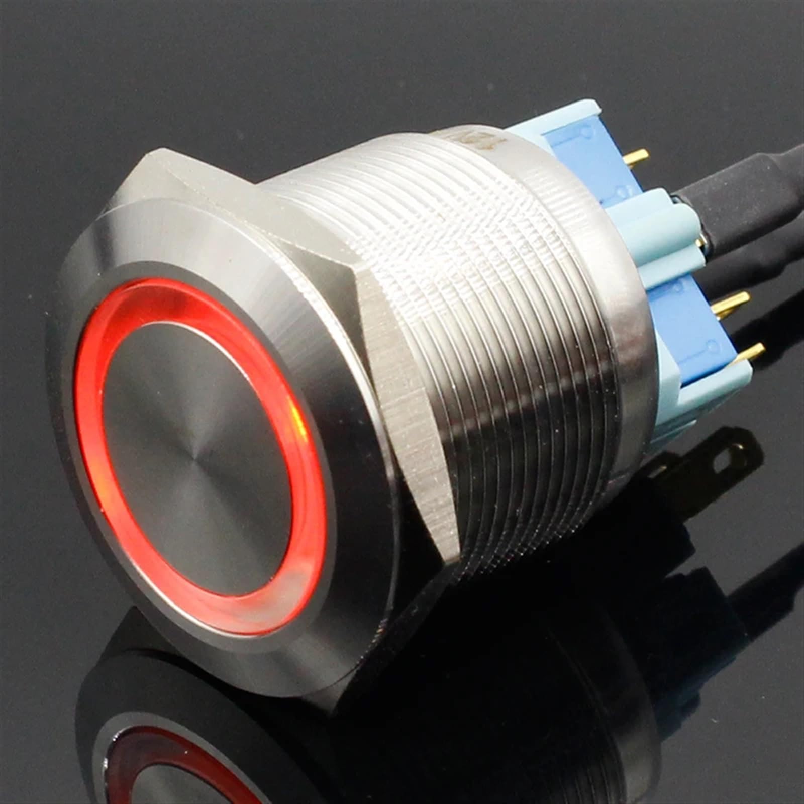 25 mm, 6 V, 12 V, niebieski pierścień LED, światło Momentary/Locking Push Button włącznik DPST metal przemysłowe łódź samochód DIY przełącznik 1 szt. (żółty, blokujący, 12 V)