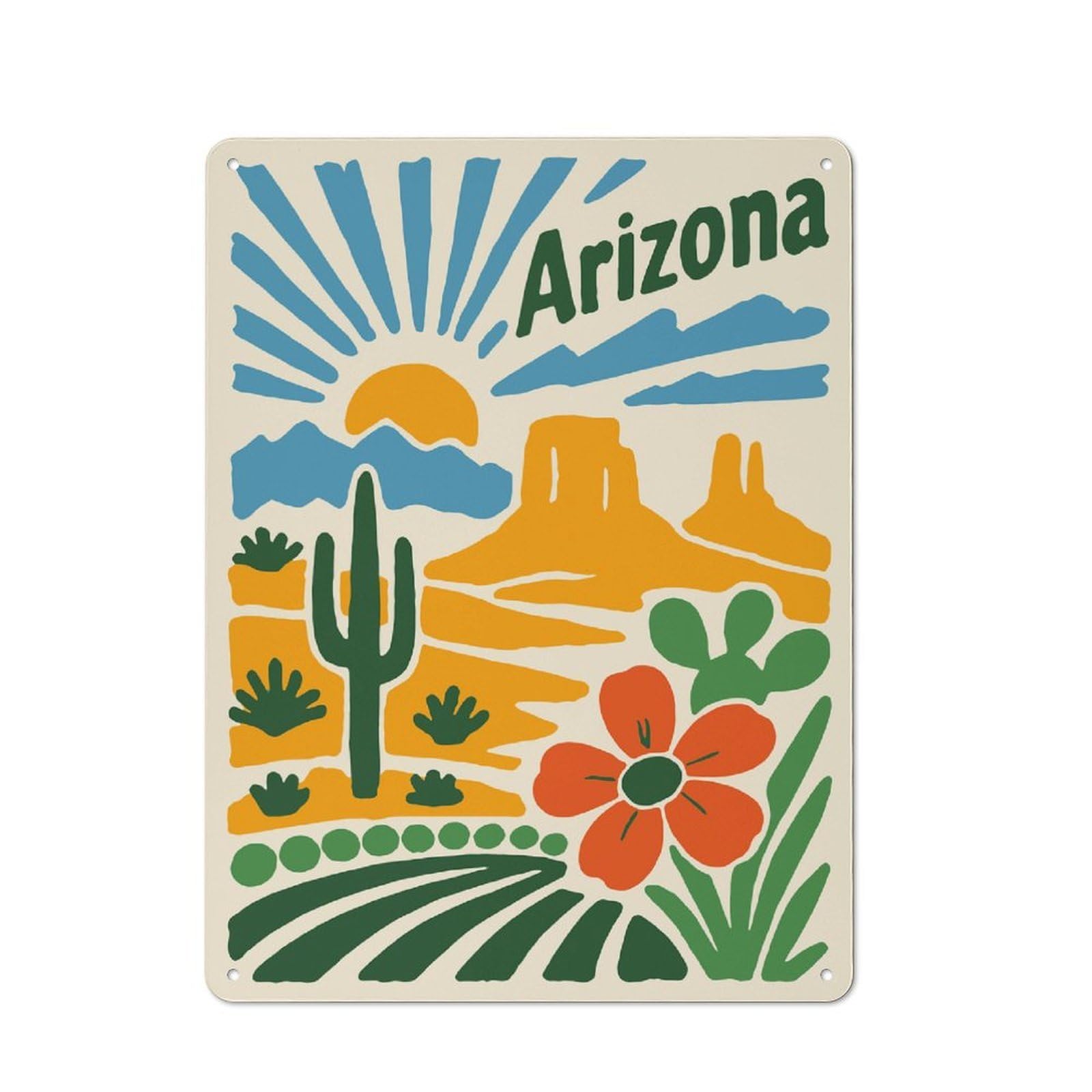 Junmoney Style-13 Arizona Desert Landscape Illustration Vintage Printed Metal Sign 40X30cm For Café Or Home Bar, New Home Wall Decor For Hospitality Decor Collectors