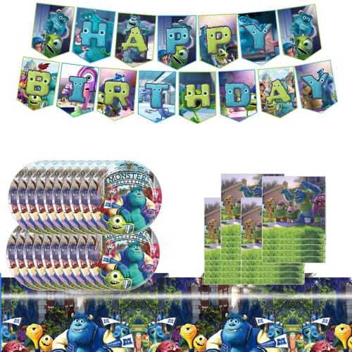 Monsters University Party Birthday Supplies, Monster-Inctheme Party Tableware With Happy Birthday Banner, Tablecloth, Disposable 7" Paper Plates With Napkins For Kids Party Supplies Decorations #TOP3