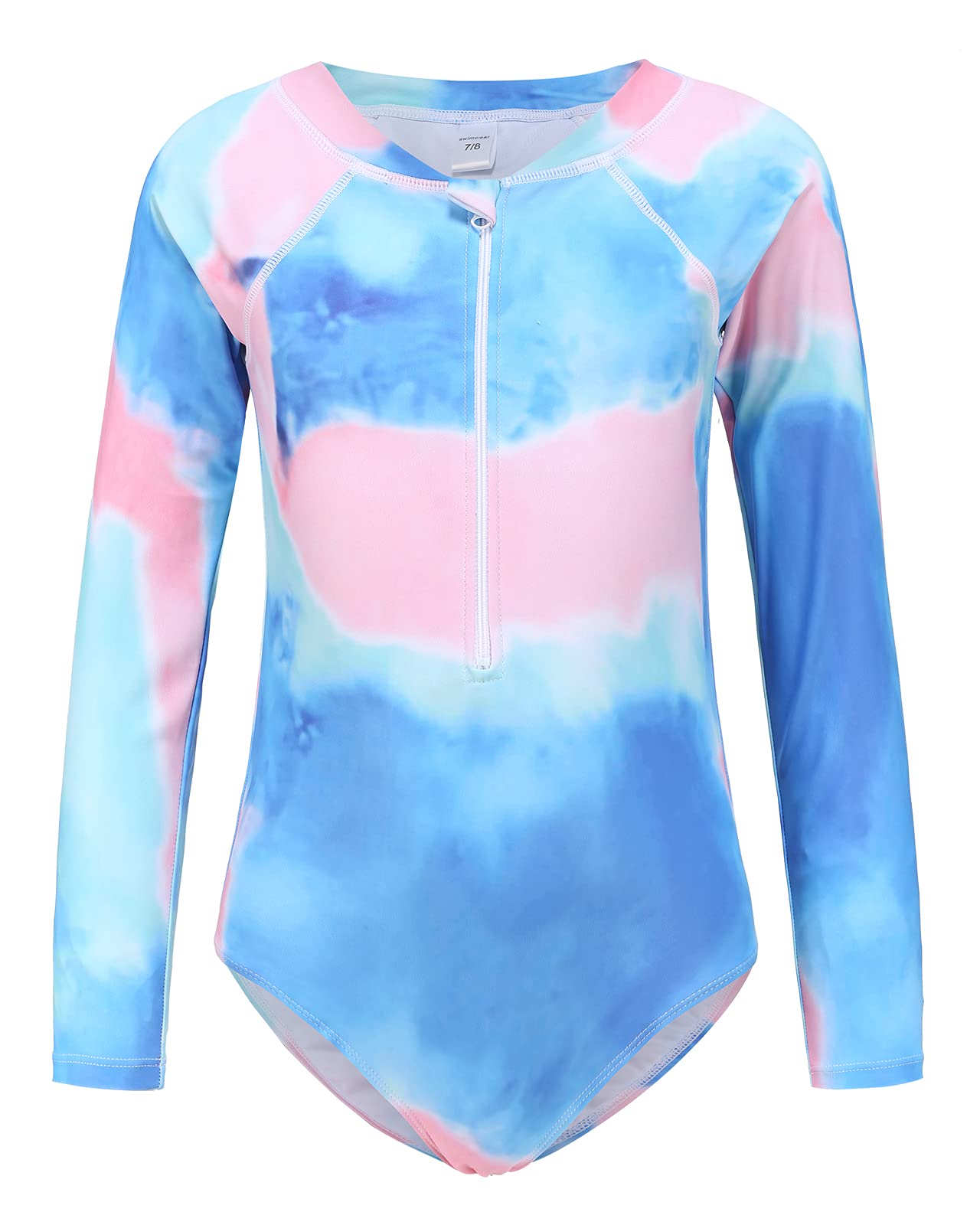 Zestonie Girls Long Sleeve Rash Guard One Piece Swimsuits for Kids Tie Dye Bathing Suit UPF 50+ Swim Shirts 3-16 Years