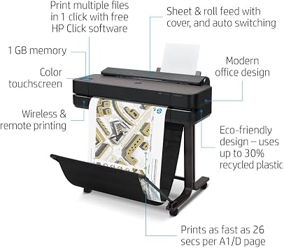 HP DesignJet T650 Large Format 24-inch Plotter Printer, Support (5HB08T) - New Model