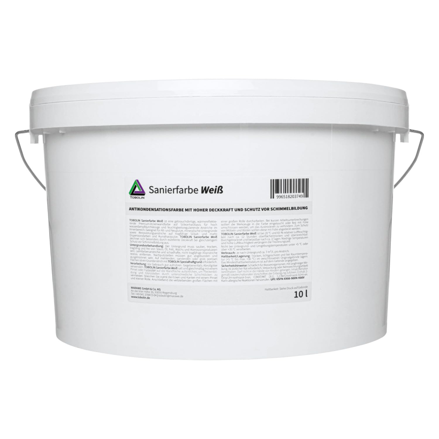 Tobolin Sanierfarbe Weiß 10 L - Antikondensationsfarbe zur Schimmelsanierung - Innenfarbe mit hoher Deckkraft und Langzeitschutz vor Schimmelbildung - Renovierungsfarbe nach Schimmelbefall