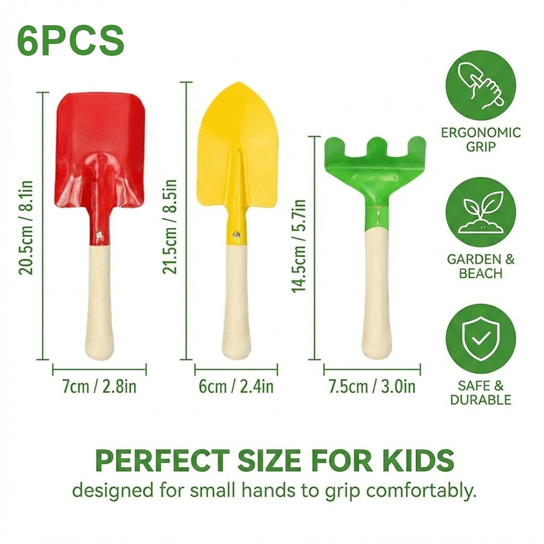 Kit de jardinería infantil de 6 piezas con pala, rastrillo y azada de metal y madera para jardín, balcón, terraza y cajón de arena.