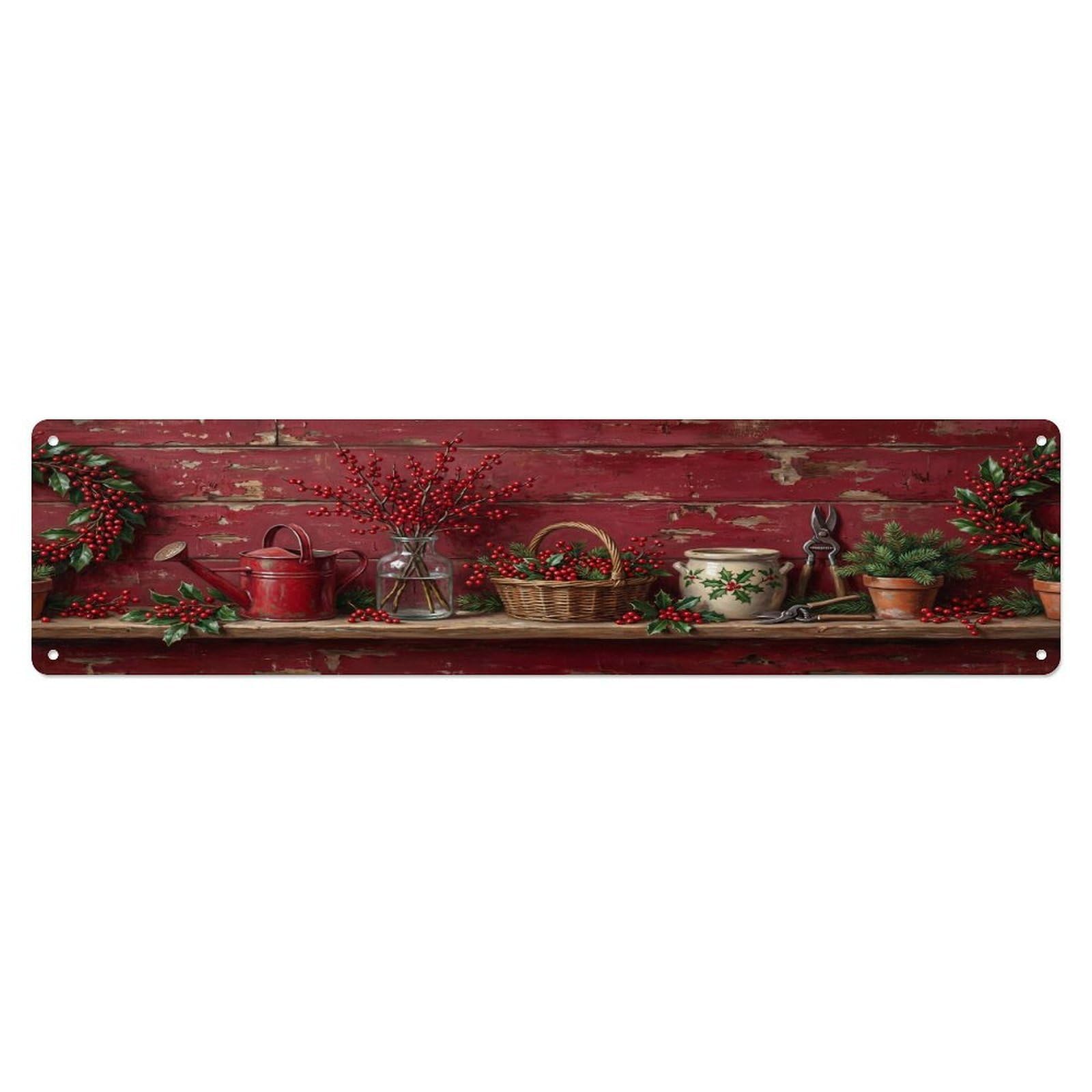 Floral Garden Tools Berry Wreath Pattern Print Metal Tin Sign