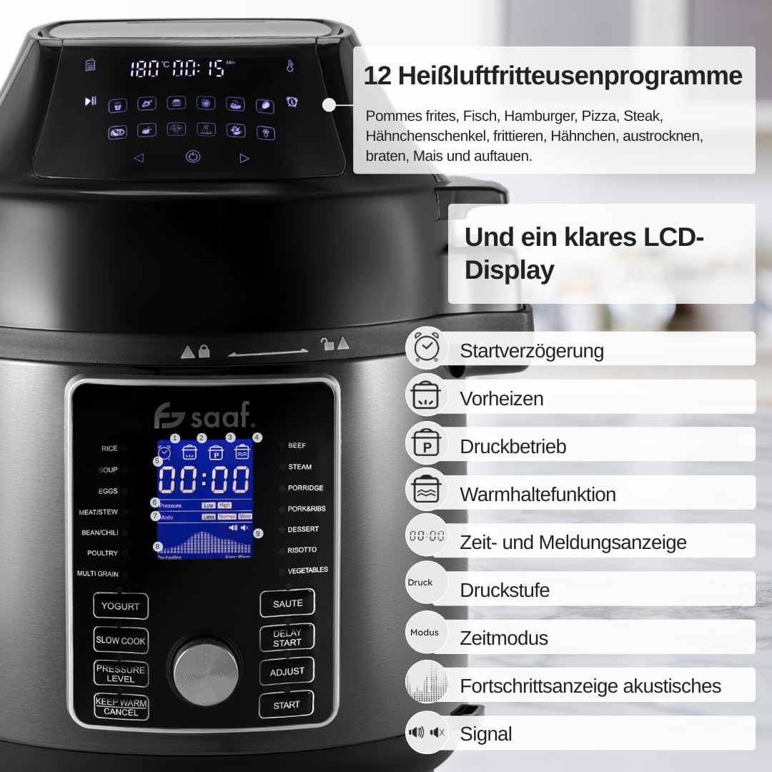 Saaf Multicooker mit Airfryer – 15-Teiliges Set – 24 Programme – Slowcooker, Reiskocher, Dampfgarer & Schnellkochtopf, Schongarer – 6L – Inklusive Korb, Kochtopf & Kochbuch – Digitales Display